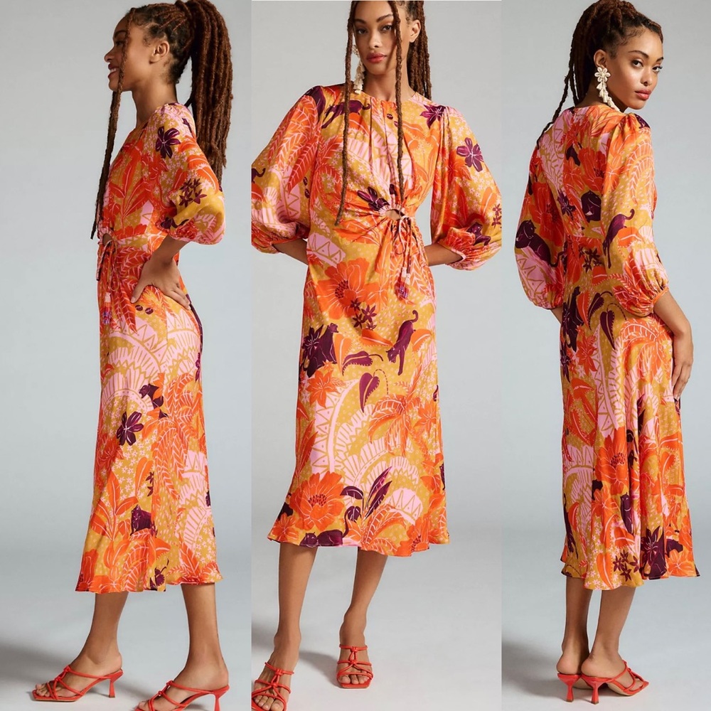 Farm Rio Puff-Sleeve Cutout Slip Dress